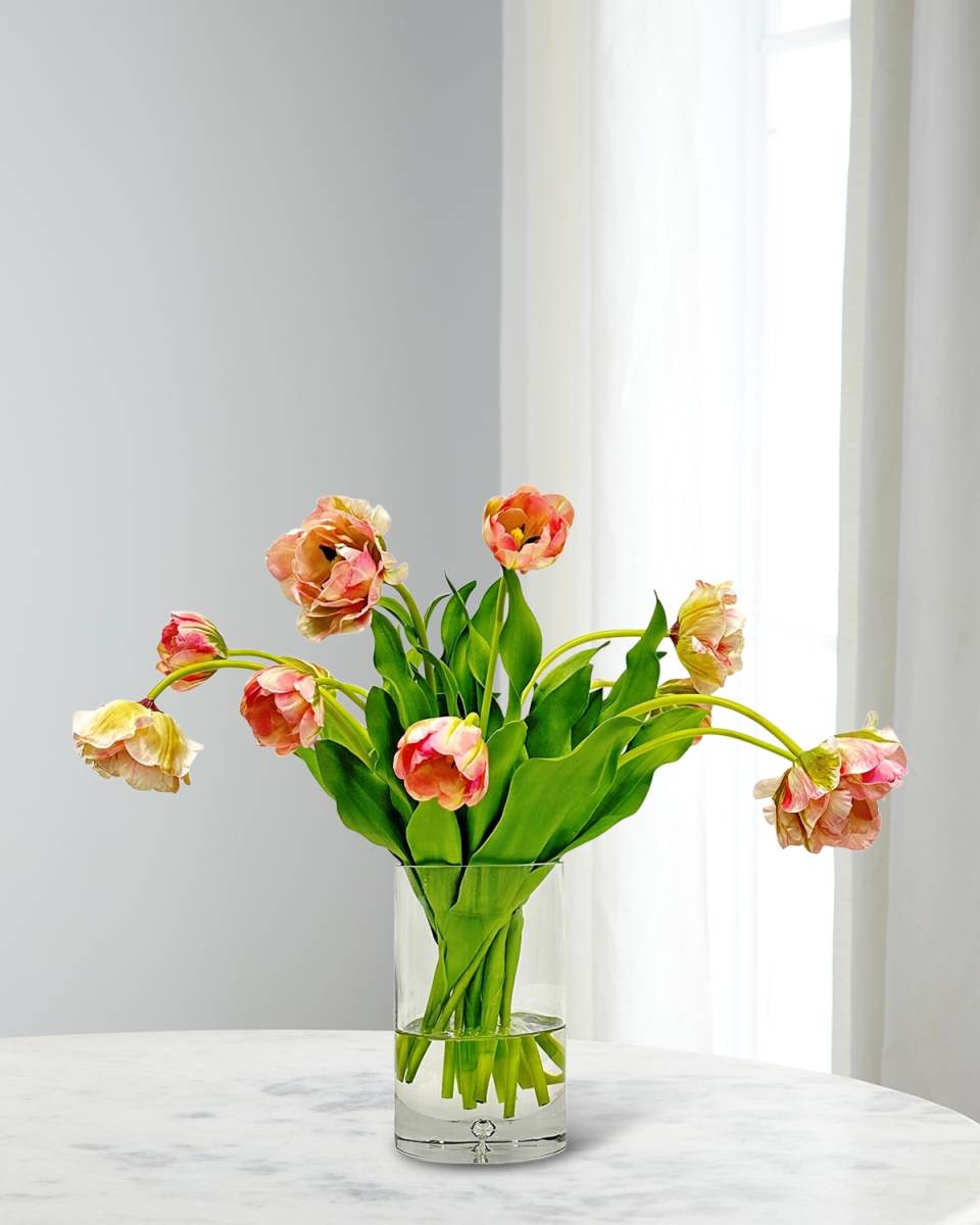 Double Tulip with Leaves 22" Faux Floral Arrangement in Glass Cylinder